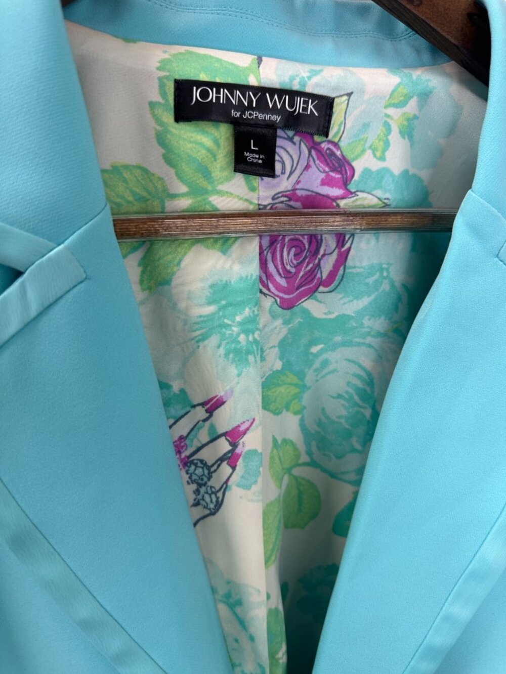 Johnny Wujek Suit Blazer Satin Trim Floral Lined Jacket Oversized Wedding Party - Picture 7 of 13